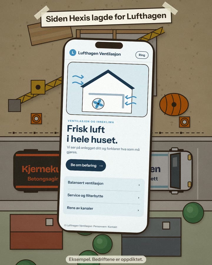 Innlegg med teksten «Siden Hexis lagde for Lufthagen» over en mobil som viser nettsiden til et ventilasjonsfirma, på en tegnet byggeplass, og merknaden «Eksempel. Bedriftene er oppdiktet.»